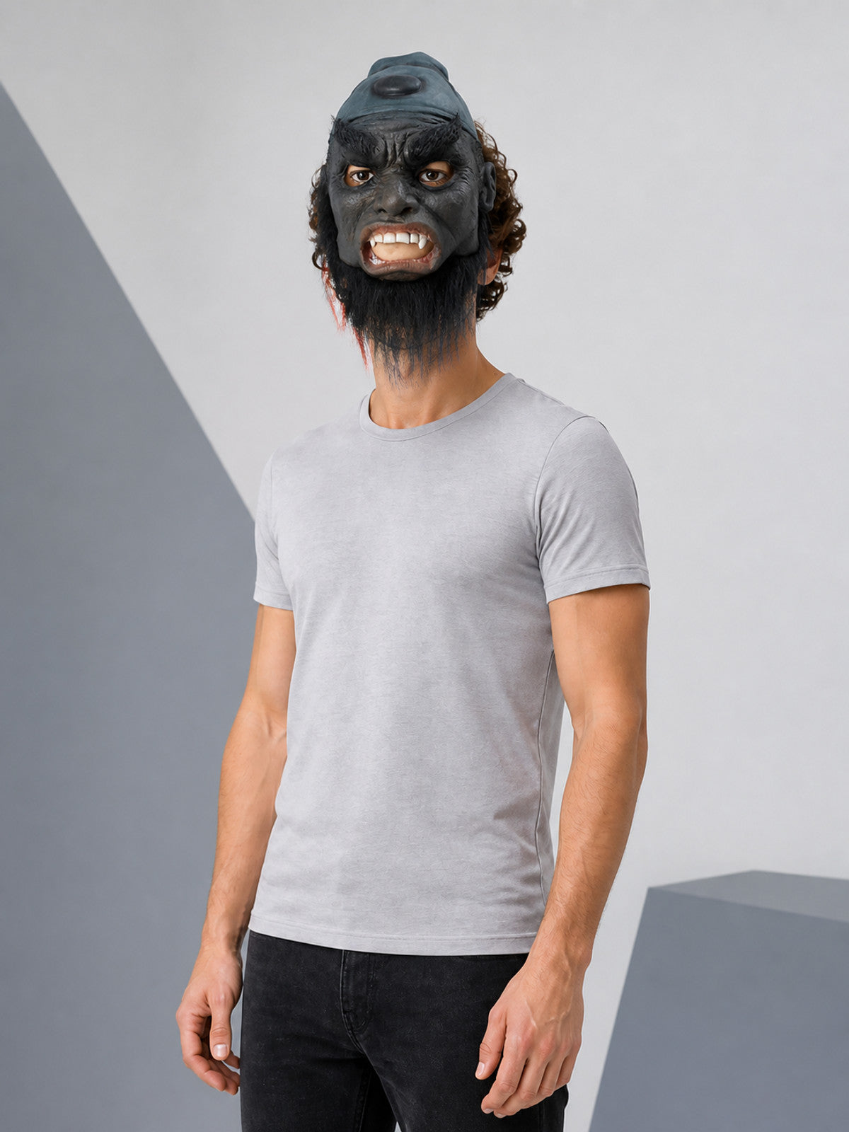 Gray-Black Carnival Mask with Hair and Beard