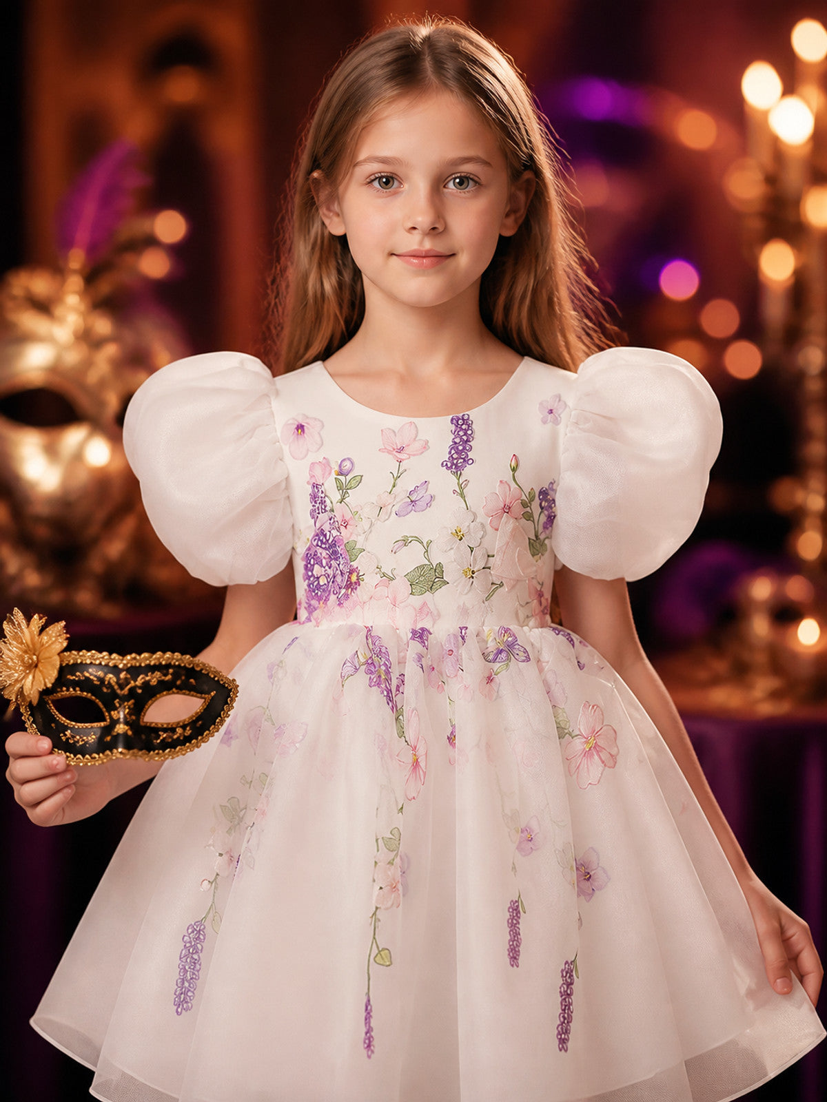 Toddler Girls' Floral Princess Dress, White Puff Sleeve Tulle Costume on-model view