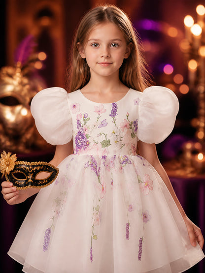 Toddler Girls' Floral Princess Dress, White Puff Sleeve Tulle Costume on-model view