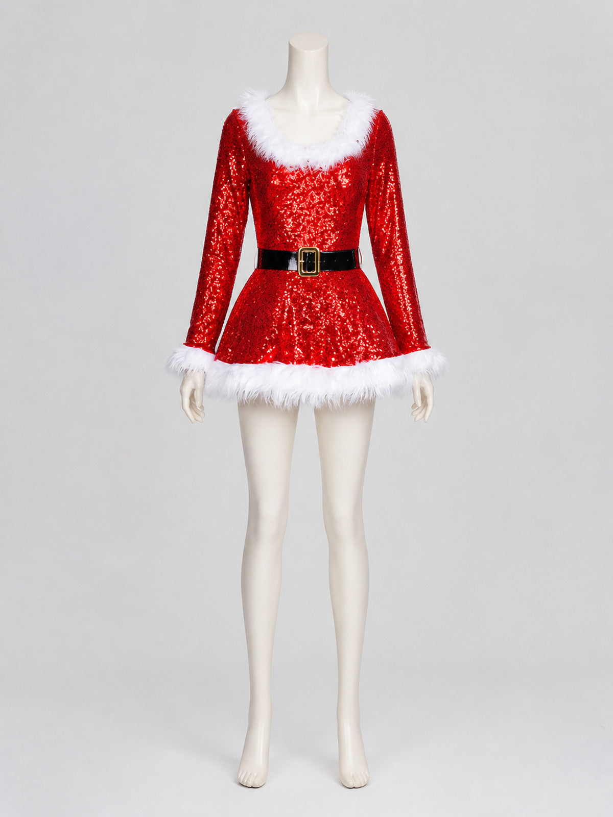 New Year's Sequin Dress with White Fur Trim on-model view