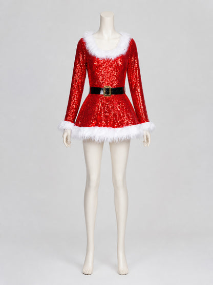 New Year's Sequin Dress with White Fur Trim on-model view