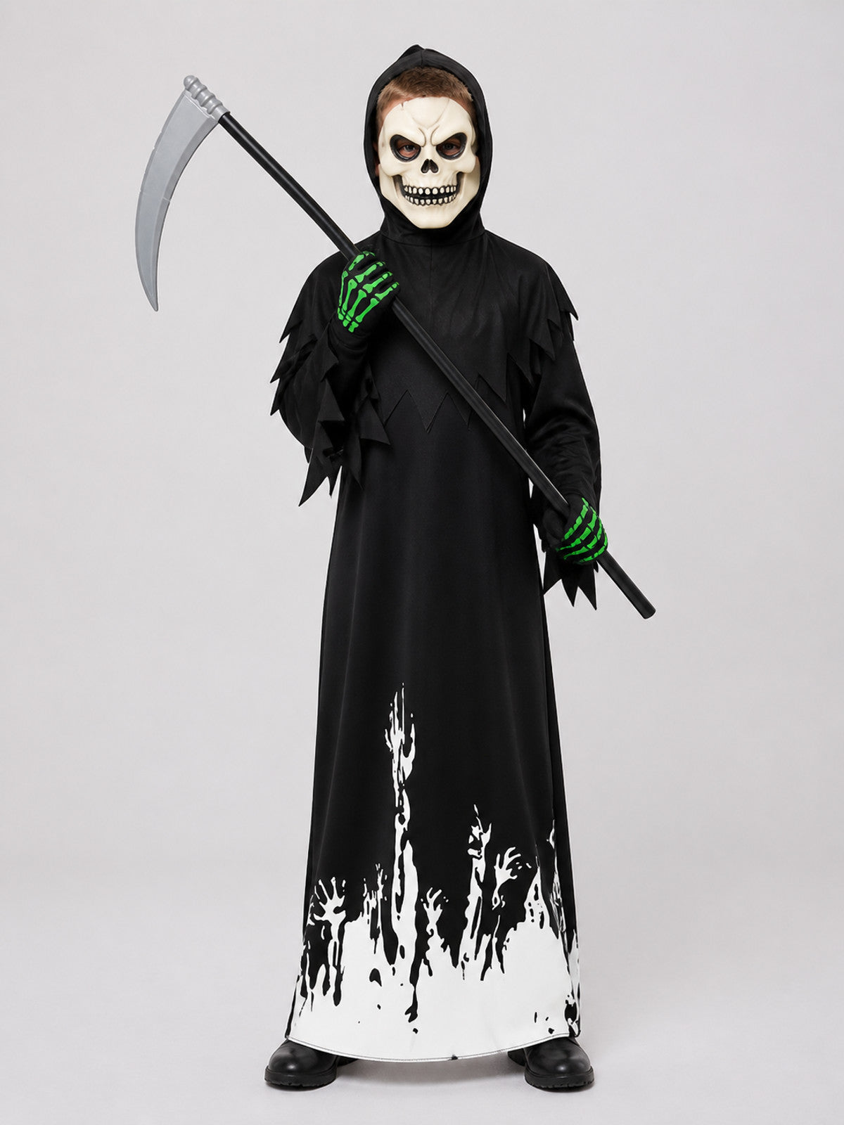 Reaper Jumpsuit Costume with Mask, Gloves, and Scythe on-model view
