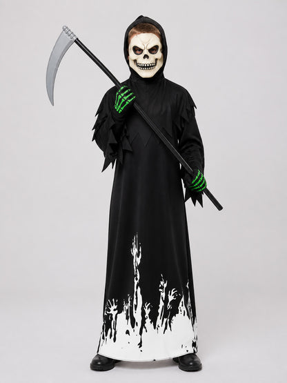 Reaper Jumpsuit Costume with Mask, Gloves, and Scythe on-model view