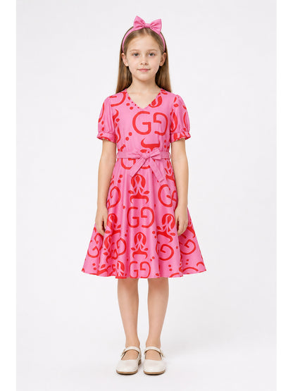 Children's Pink Dress with Red Print and Headband main product view