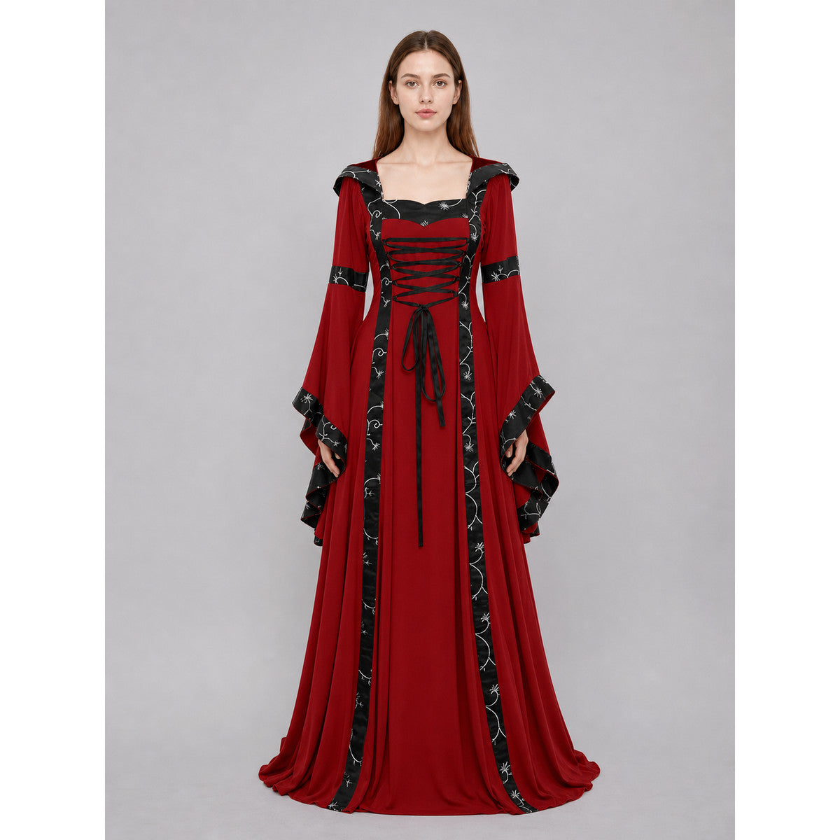 Gothic Medieval Hooded Lace-Up Dress on-model view