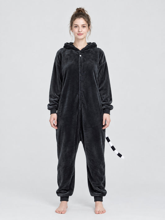 Black hooded pajama jumpsuit with decorative tail