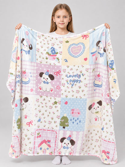 Double-Sided Blanket with Dog, Heart, and Bow Print