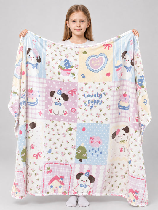 Double-Sided Blanket with Dog, Heart, and Bow Print
