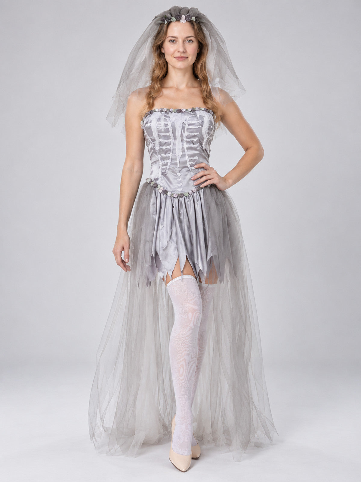 Ghost Bride Carnival Costume with Veil, Silver