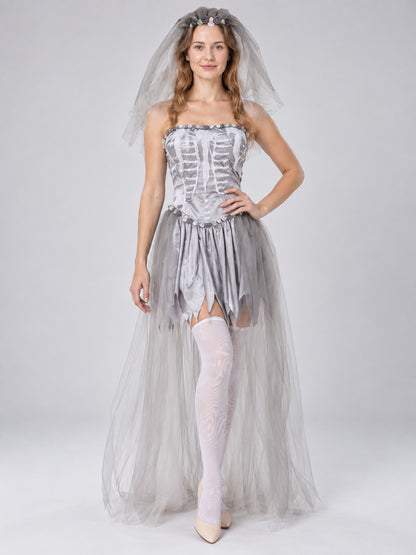 Ghost Bride Carnival Costume with Veil, Silver