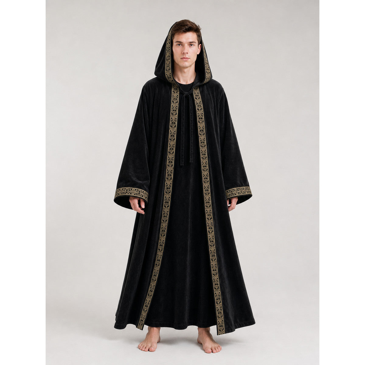 Black carnival cloak with hood and trim