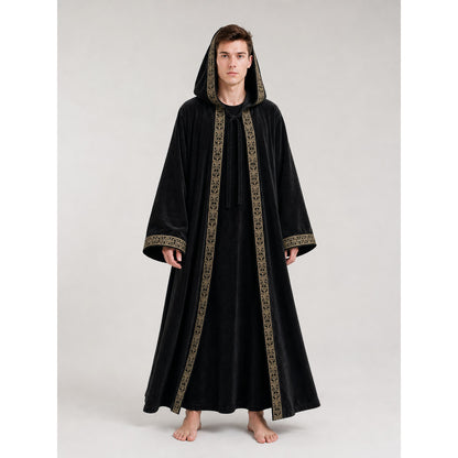 Black carnival cloak with hood and trim