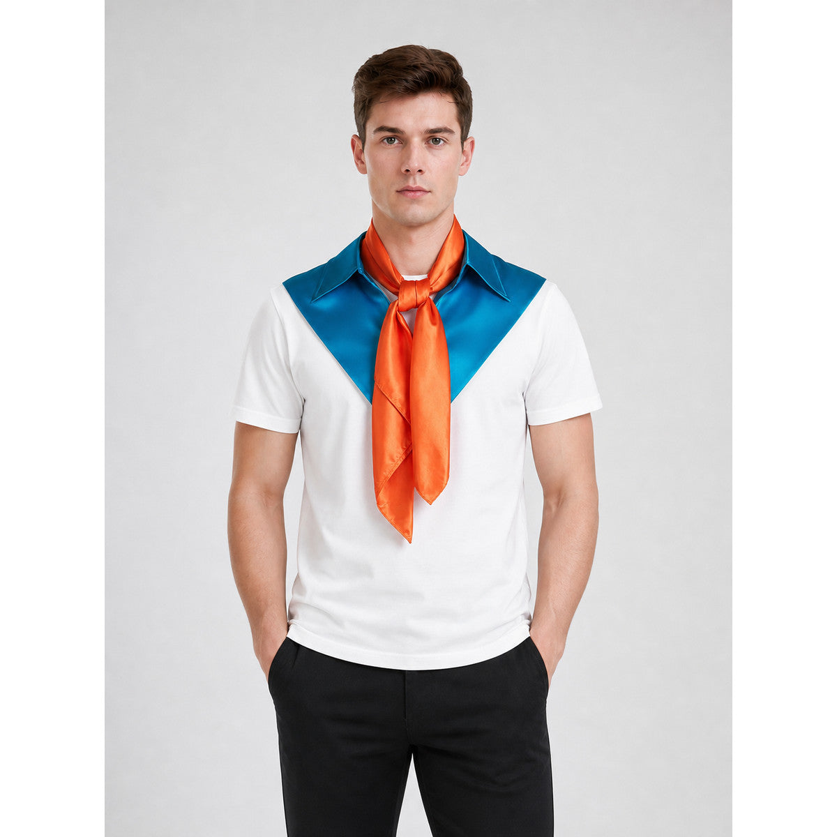 Blue collar with an orange satin-look neck scarf, styled on a male model wearing a white short-sleeve shirt