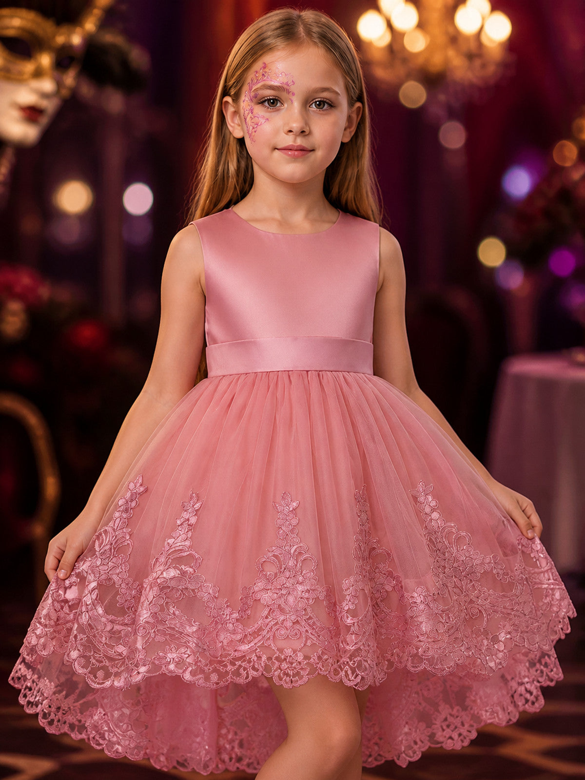 Girls' Dusty Pink Princess Flower Girl Dress, Lace-Embroidered Tulle Gown on-model view