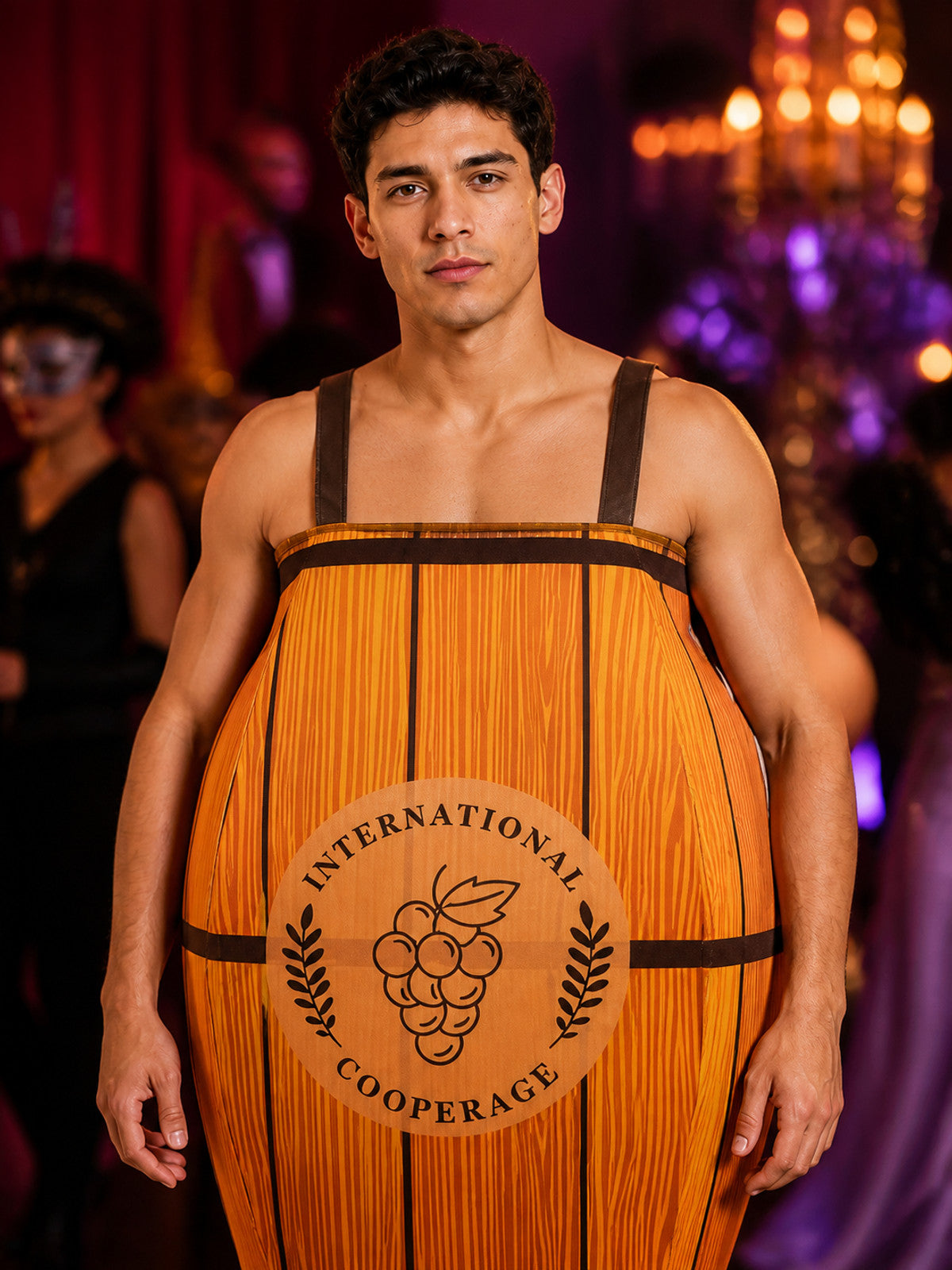 Halloween Barrel Costume with Round Emblems on-model view