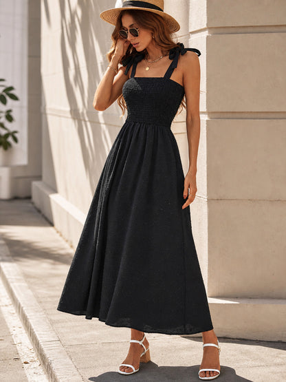 Women's Black Maxi Dress with Thin Straps and Square Neckline