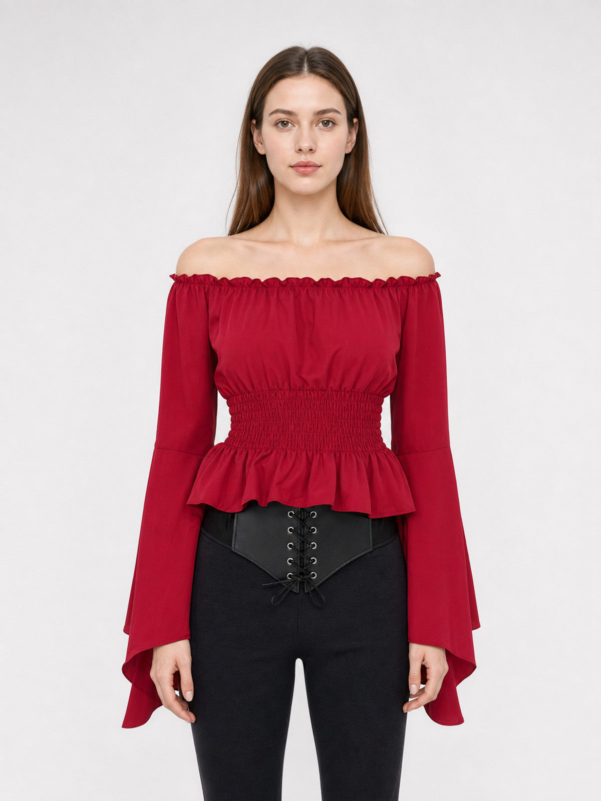 Red Off-the-Shoulder Top with Belt on-model view