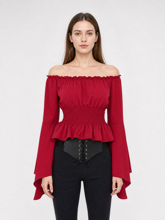 Red Off-the-Shoulder Top with Belt on-model view