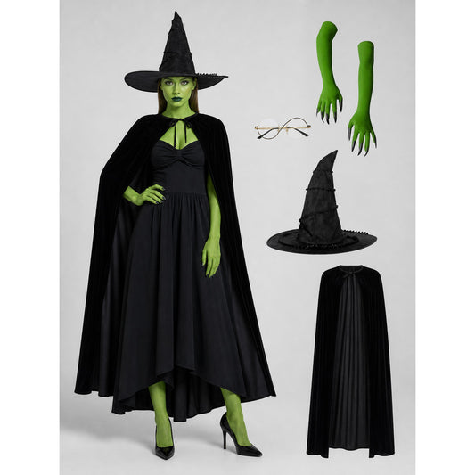 Black Costume Cape with Green Gloves