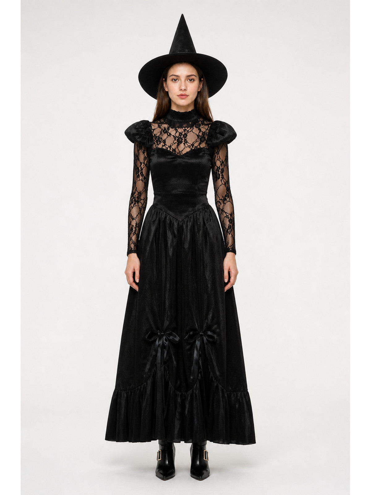 Black Witch Costume with Lace and Hat main product view