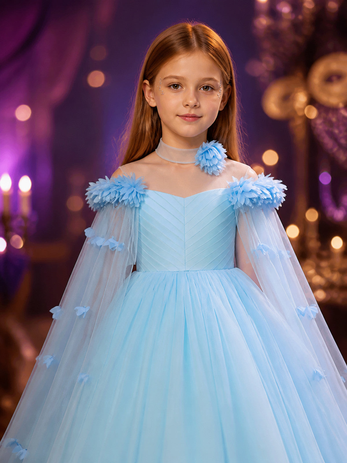 Girls' Light Blue Princess Dress with Tulle Shawl and Floral Details on-model view