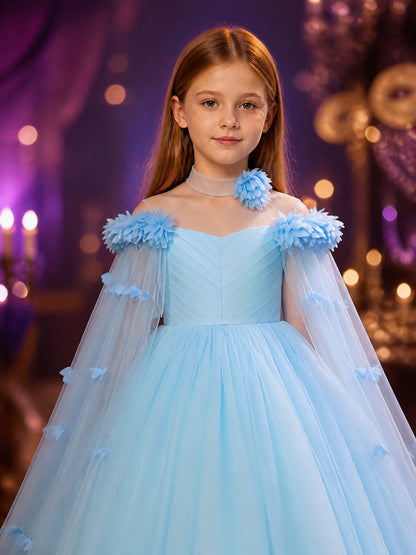 Girls' Light Blue Princess Dress with Tulle Shawl and Floral Details on-model view