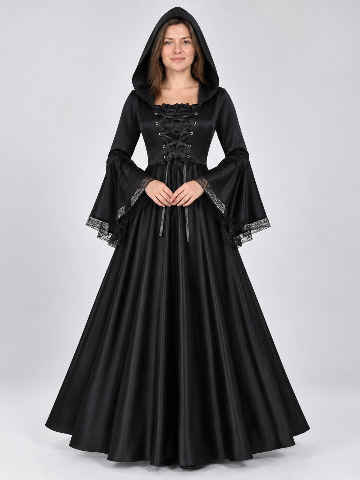 Long Black Gothic-Style Hooded Dress