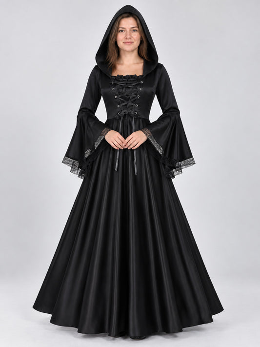 Long Black Gothic-Style Hooded Dress