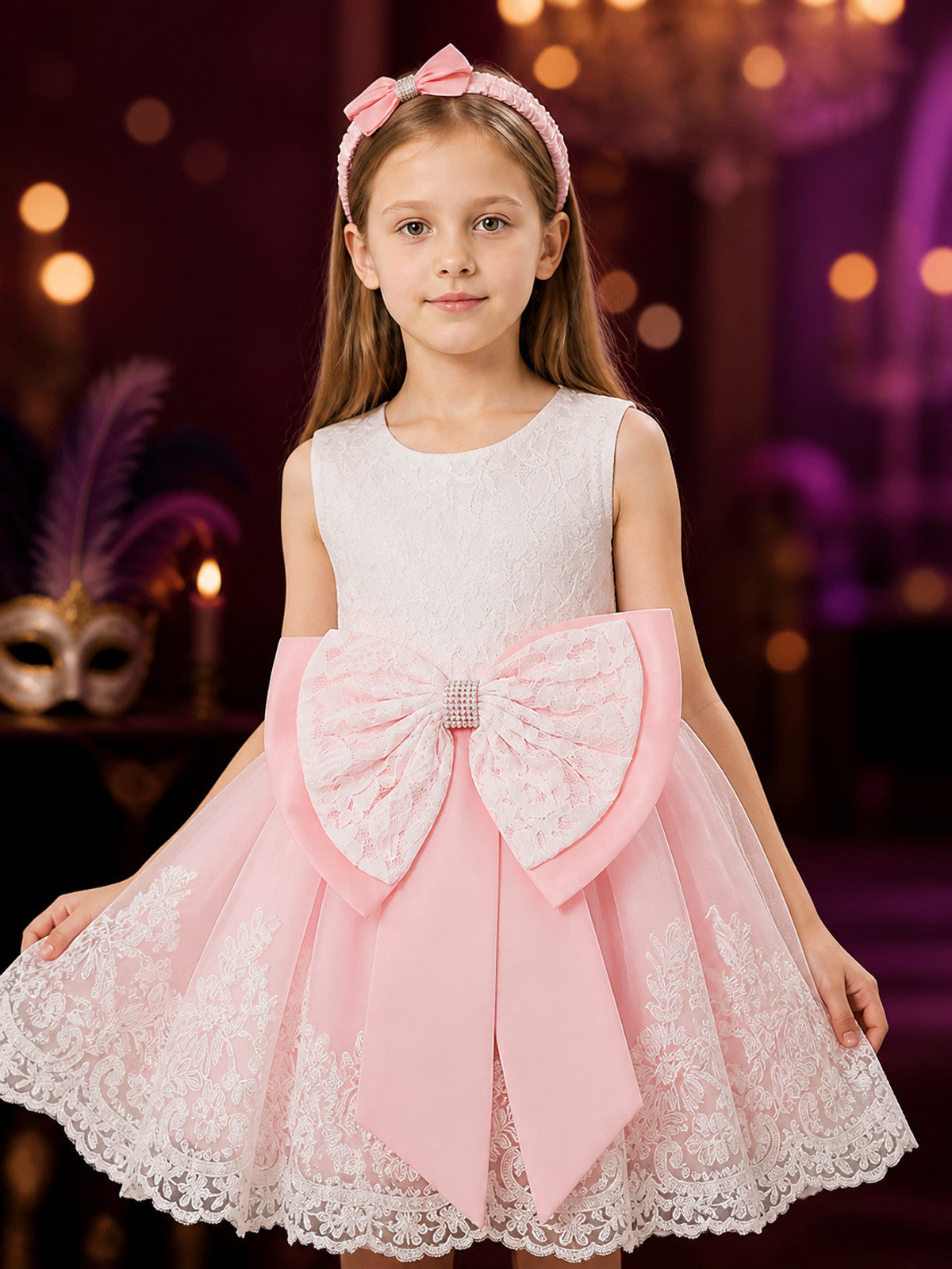Baby Girls' Pink and White Lace Princess Dress Set with Bow, Tulle Skirt on-model view