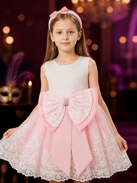 Baby Girls' Pink and White Lace Princess Dress Set with Bow, Tulle Skirt on-model view
