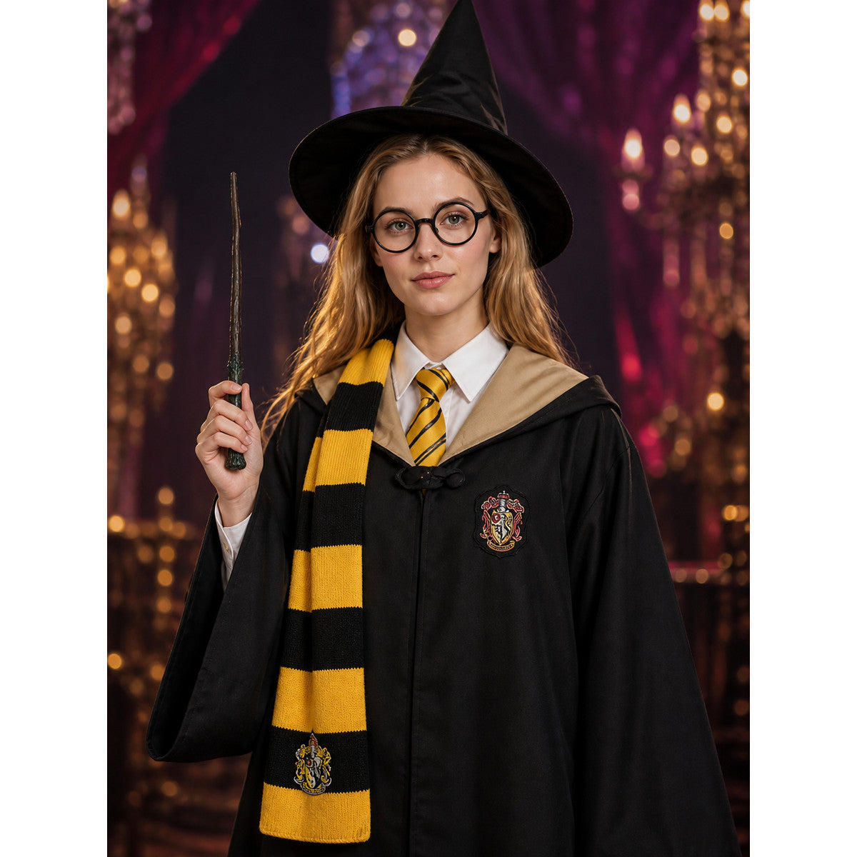 Black and Gold Wizard Costume Set with Hooded Robe, Shirt, Tie, Scarf, Glasses on-model view