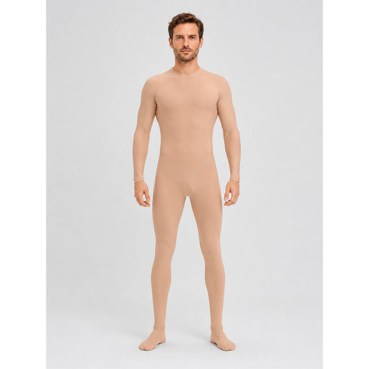 Flesh-colored zentai bodysuit with a high collar on-model view