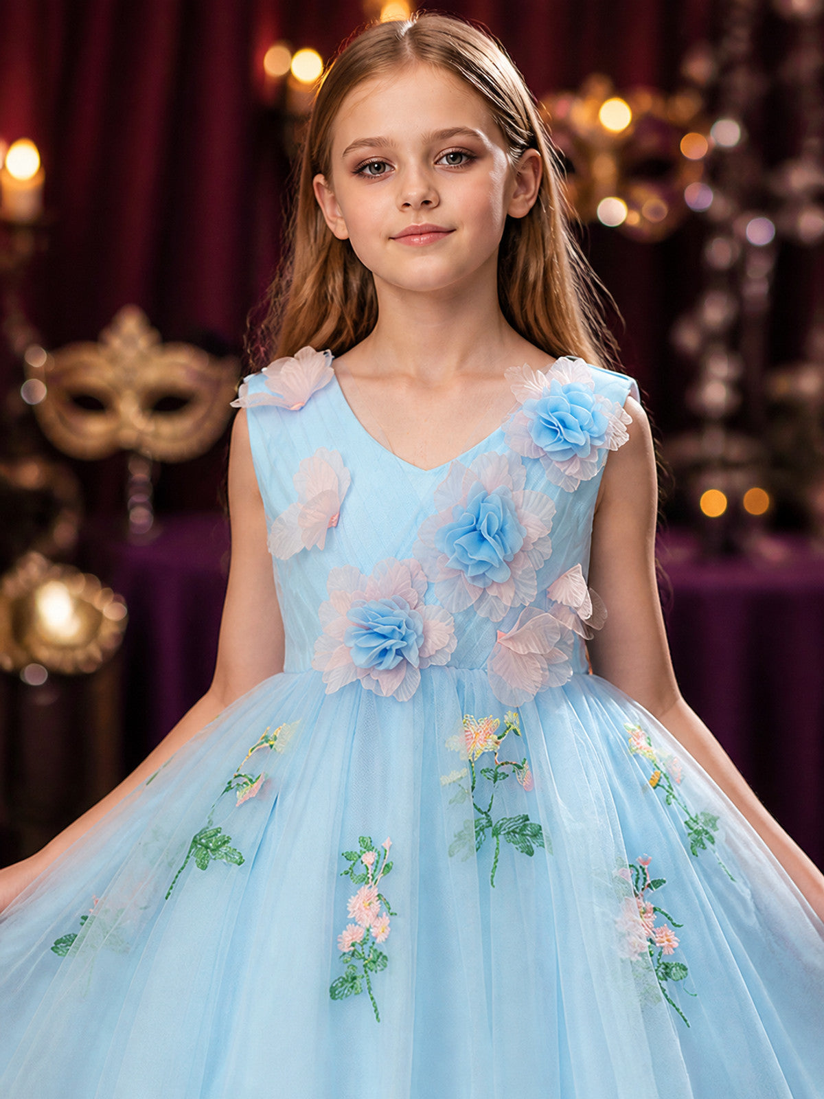 Girls' Sky Blue Princess Dress, Sleeveless Full Skirt With 3D Floral Embroidery on-model view