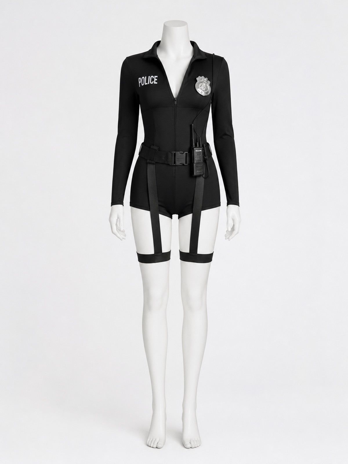 Women's Sexy Police Officer Bodysuit Costume Set with Leg Straps and on-model view