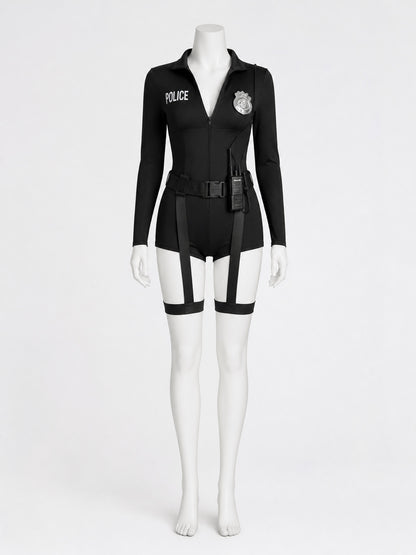 Women's Sexy Police Officer Bodysuit Costume Set with Leg Straps and on-model view