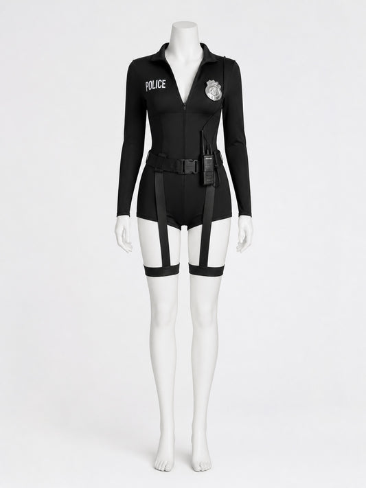 Women's Sexy Police Officer Bodysuit Costume Set with Leg Straps and on-model view