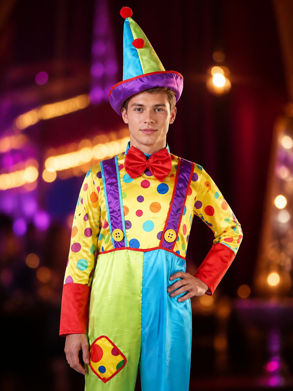 Kids' Colorful Clown Jumpsuit Costume Set with Polka Dots and Pointed Hat on-model view