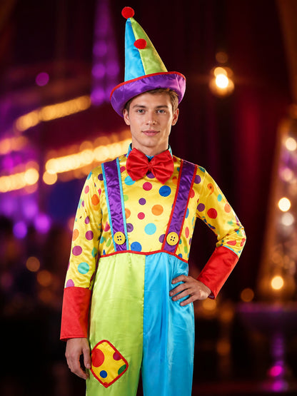 Kids' Colorful Clown Jumpsuit Costume Set with Polka Dots and Pointed Hat on-model view