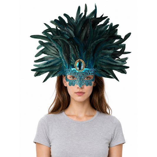 Carnival headpiece with feathers and a mask