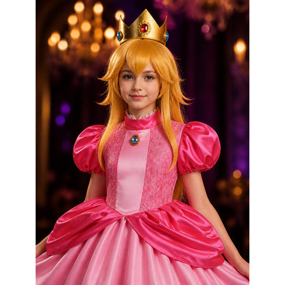 Kids Girls Pink Princess Costume Dress with Crown & Wig, Lace Ball Gown for