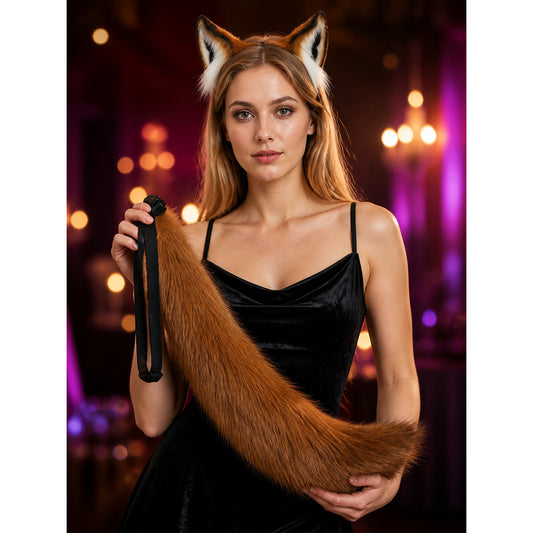 Unisex Fox Costume Set with Ear Headband and Bendable Tail, Orange Brown on-model view