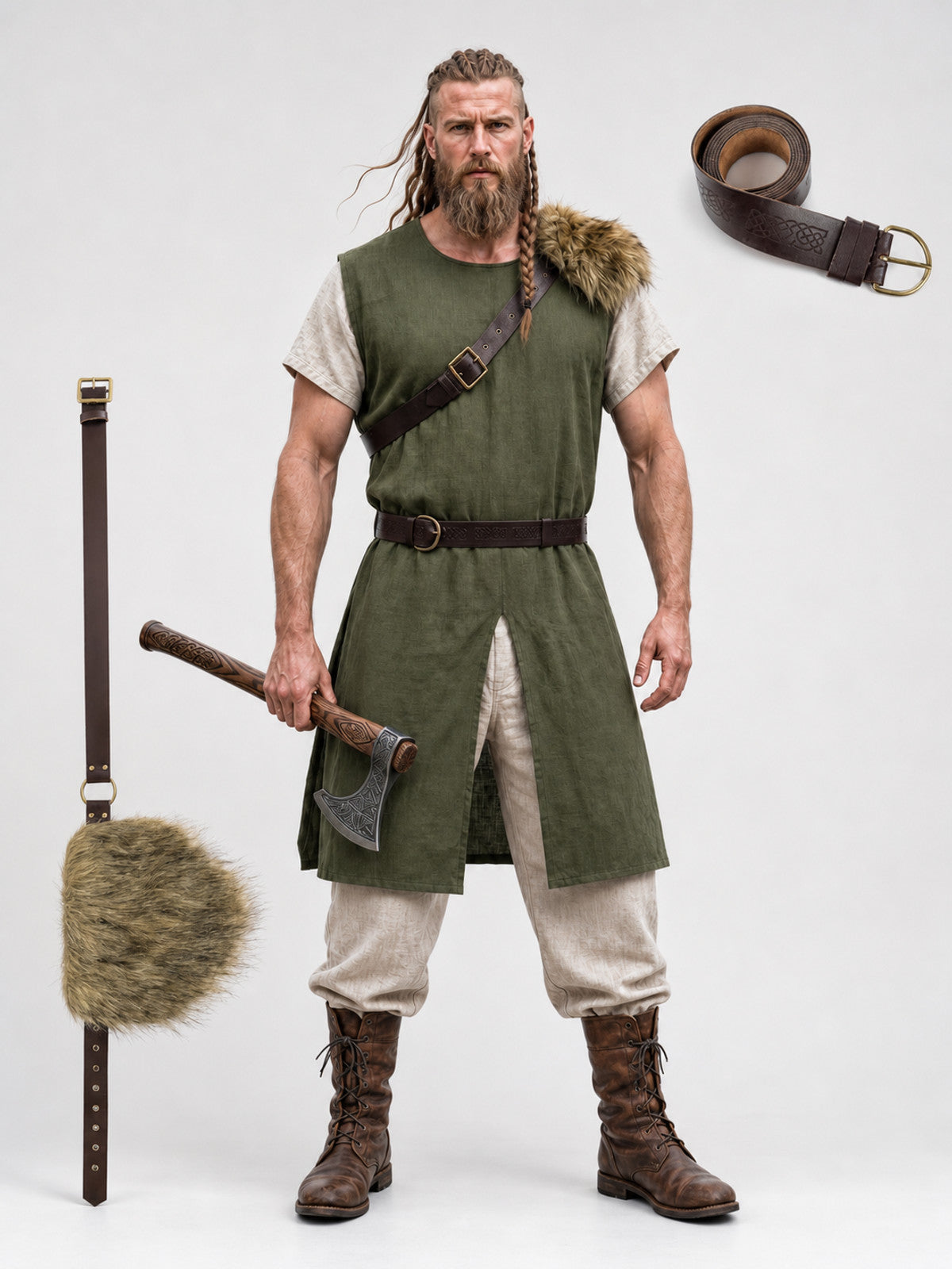 Full-body model wearing a green sleeveless vest with tan fur shoulder trim, brown belt, split front hem, trousers and boots