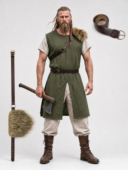 Full-body model wearing a green sleeveless vest with tan fur shoulder trim, brown belt, split front hem, trousers and boots