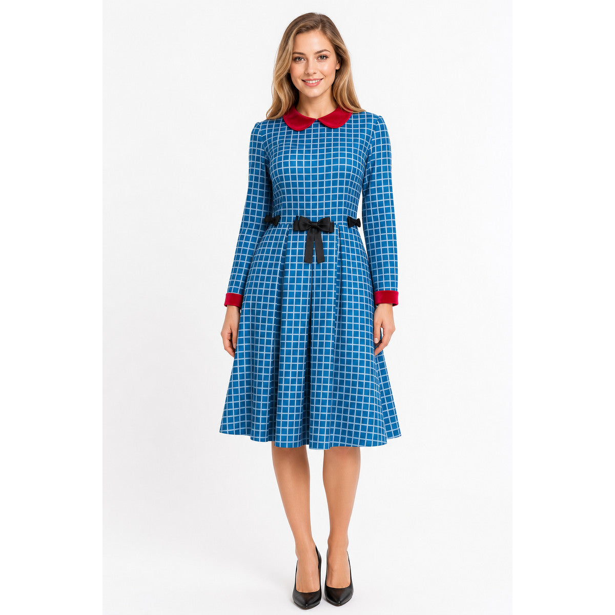 Esther from Orphan cosplay dress in blue plaid on-model view