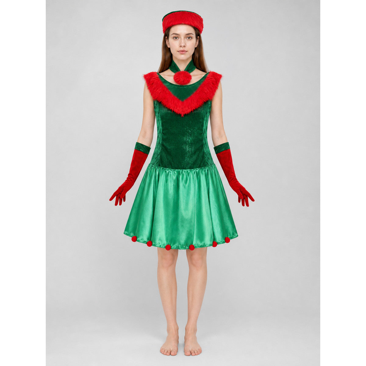 New Year's Elf Costume: Dress, Hat, and Gloves on-model view
