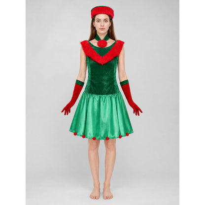 New Year's Elf Costume: Dress, Hat, and Gloves on-model view