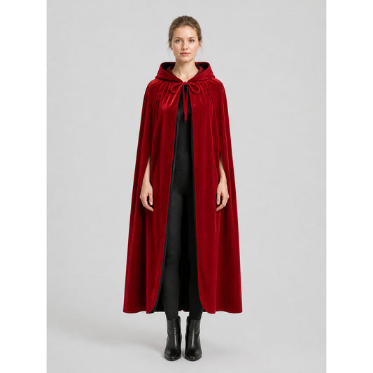 Red Hooded Cape with Lace for Halloween on-model view