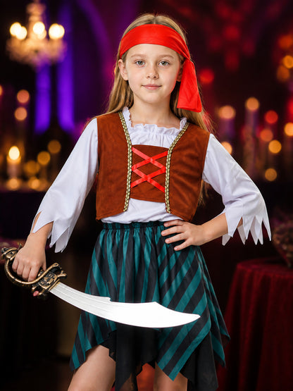 Kids' Pirate Costume Set With Striped Skirt, Vest & Headband For Halloween