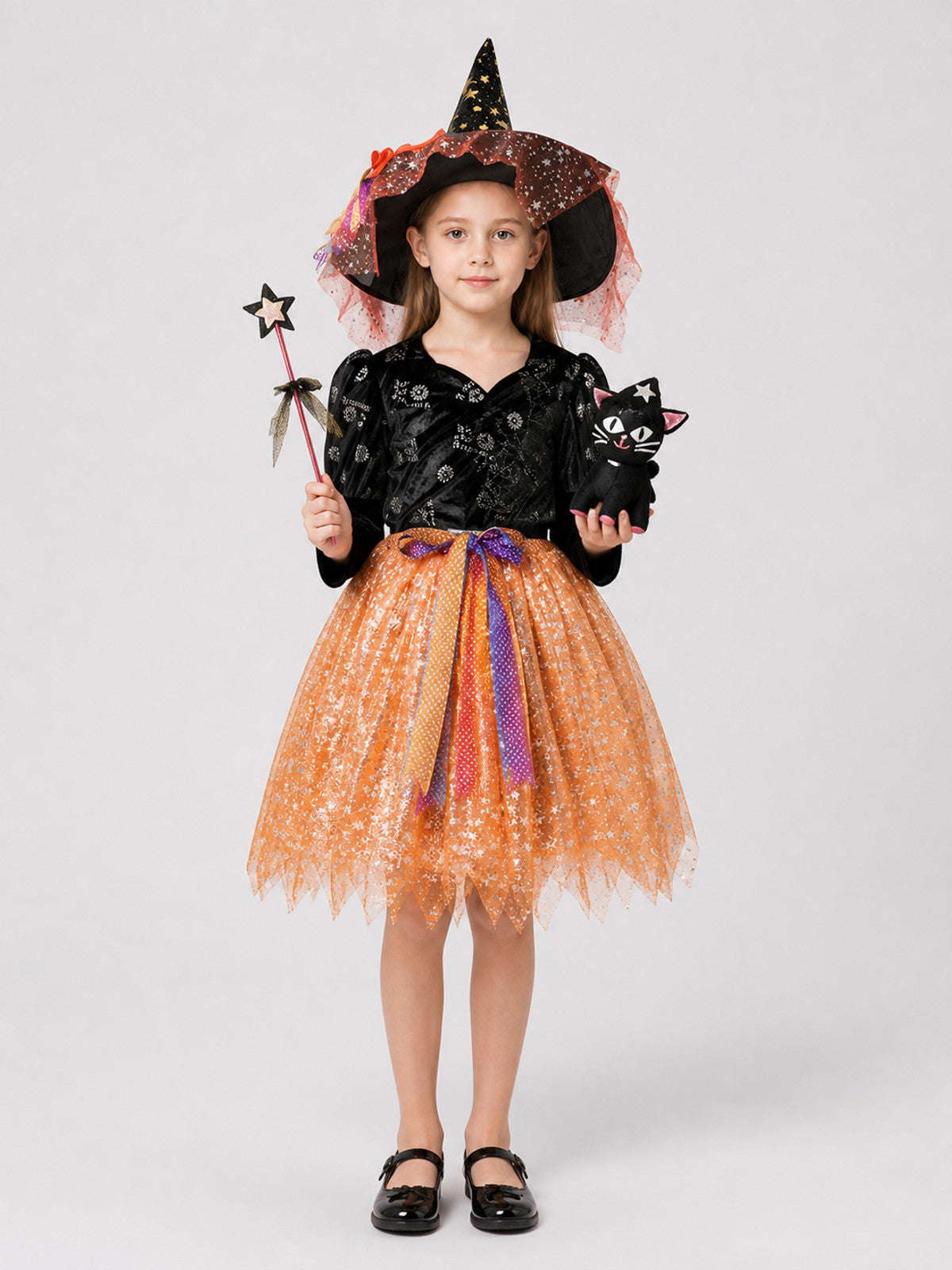 Children’s Witch Costume: Skirt, Hat, Wand, and Kitten on-model view