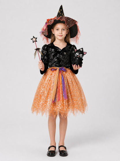 Children’s Witch Costume: Skirt, Hat, Wand, and Kitten on-model view